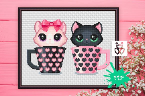 Charming Kittens in Cup Cross Stitch Pattern